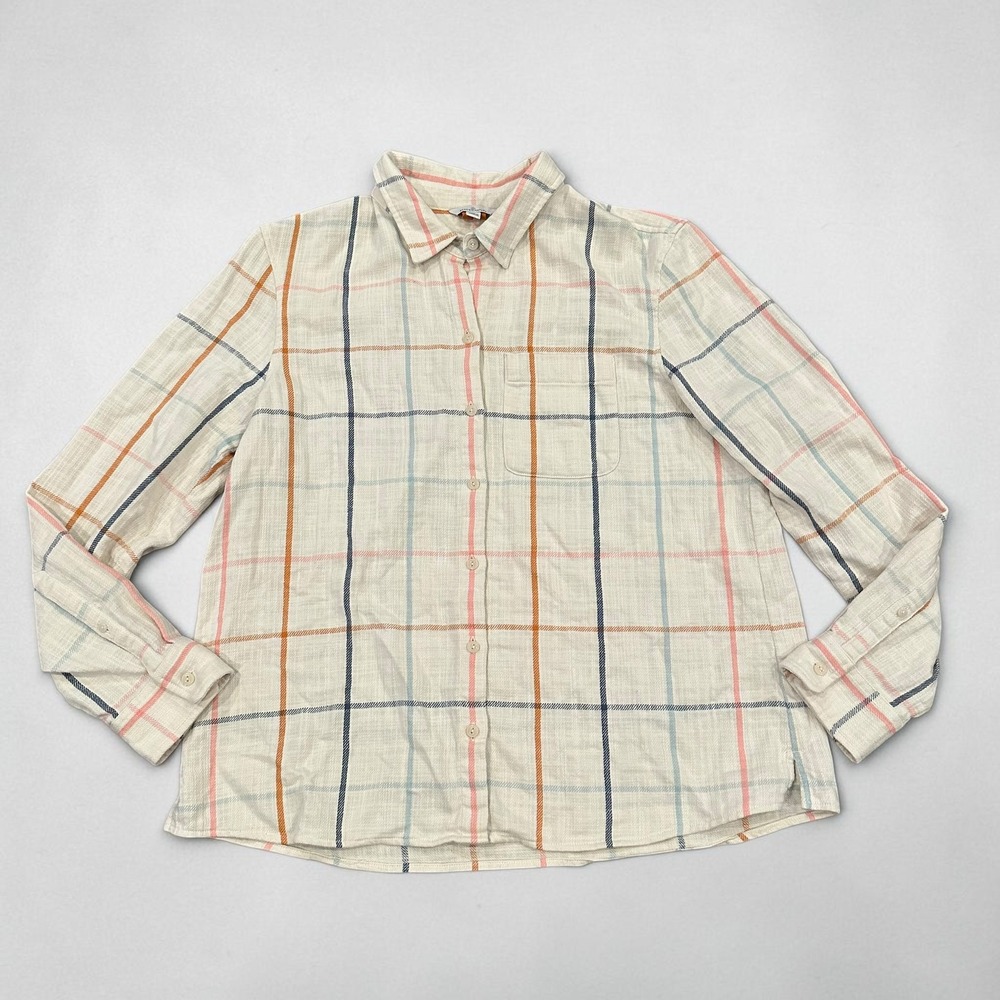 LL Bean Signature Cotton Plaid Button Down Shirt Cream Pastel XL Womens
